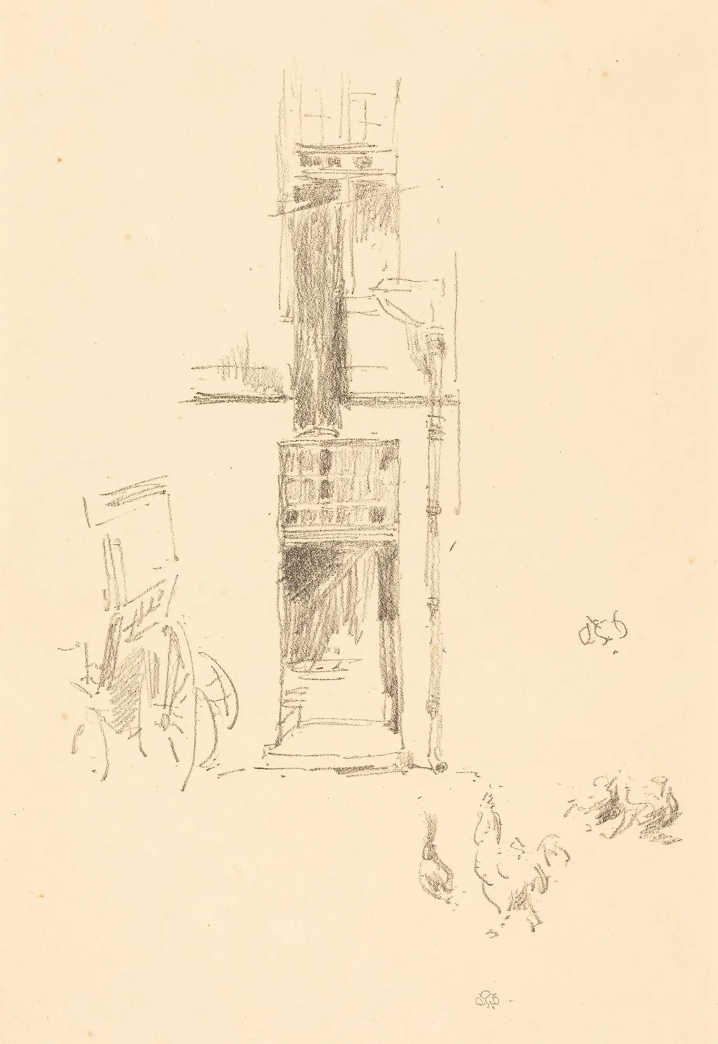 Cocks and Hens, Hôtel Colbert, by James McNeill Whistler, ink, 1891