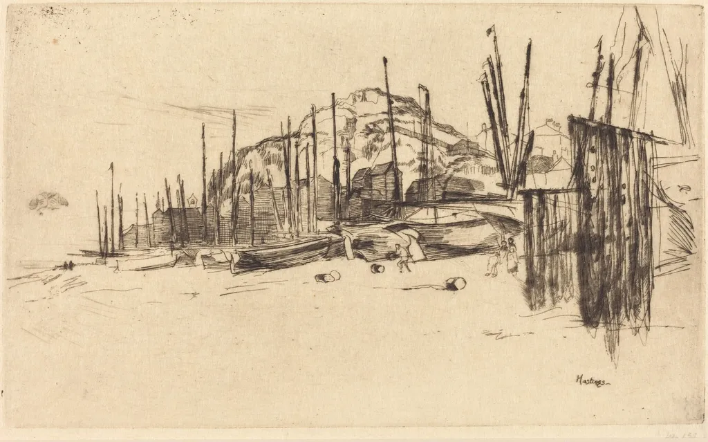 Fishing Boats, Hastings, by James McNeill Whistler, ink, 1877