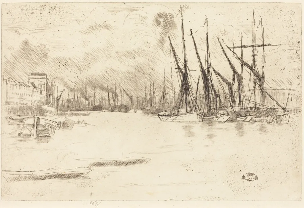 From Pickle-Herring Stairs, by James McNeill Whistler, ink, 1878