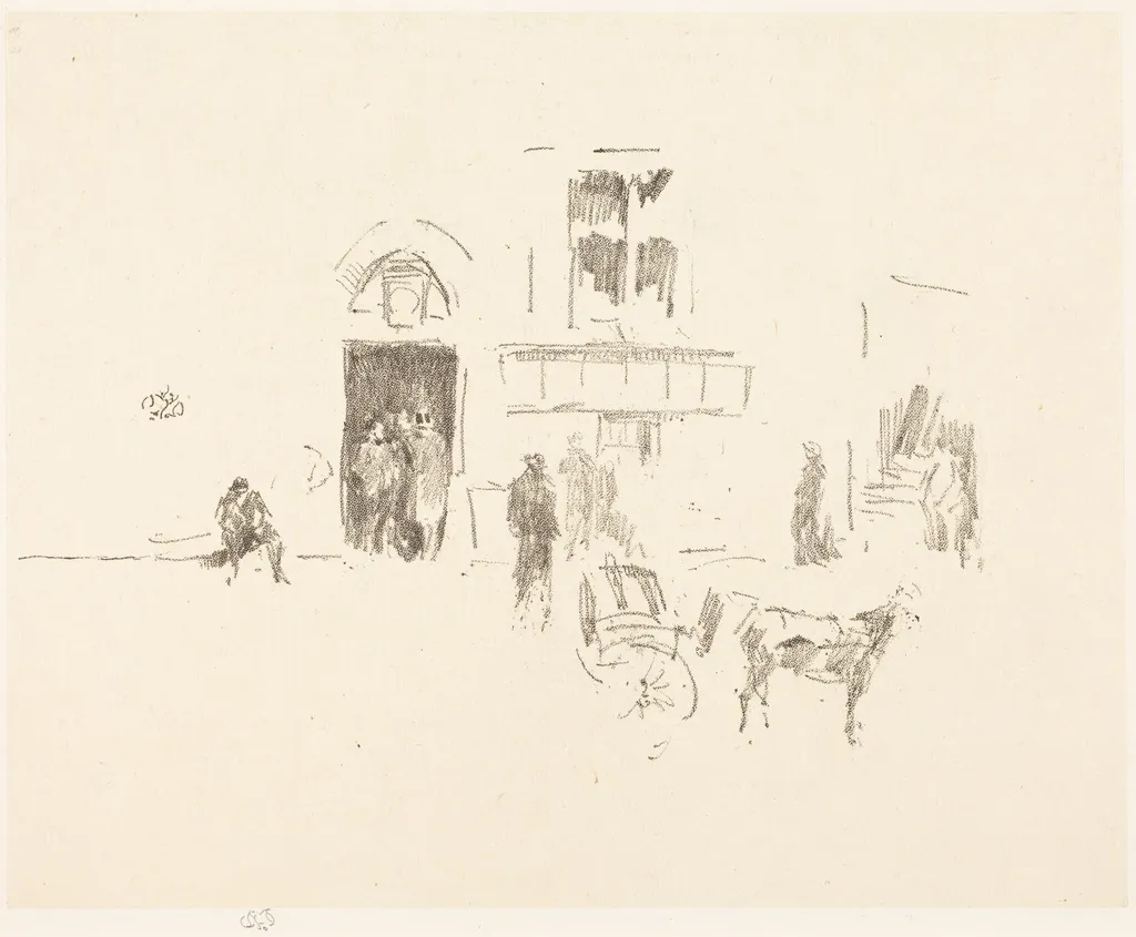 Gaiety Stage Door, by James McNeill Whistler, ink, 1883