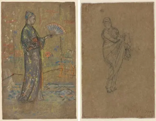 Japanese Woman Painting a Fan (recto); Standing Woman Holding Up Her Dress (verso), by James McNeill Whistler