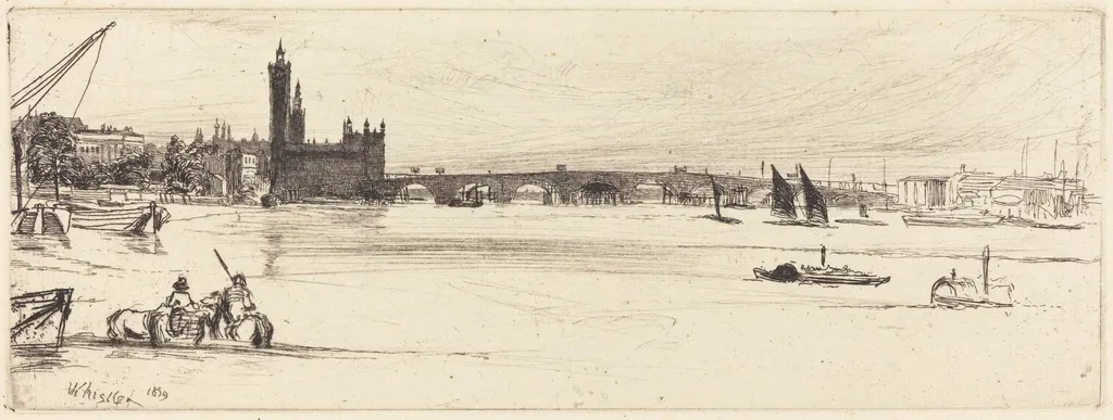 Old Westminster Bridge, by James McNeill Whistler, ink, 1859