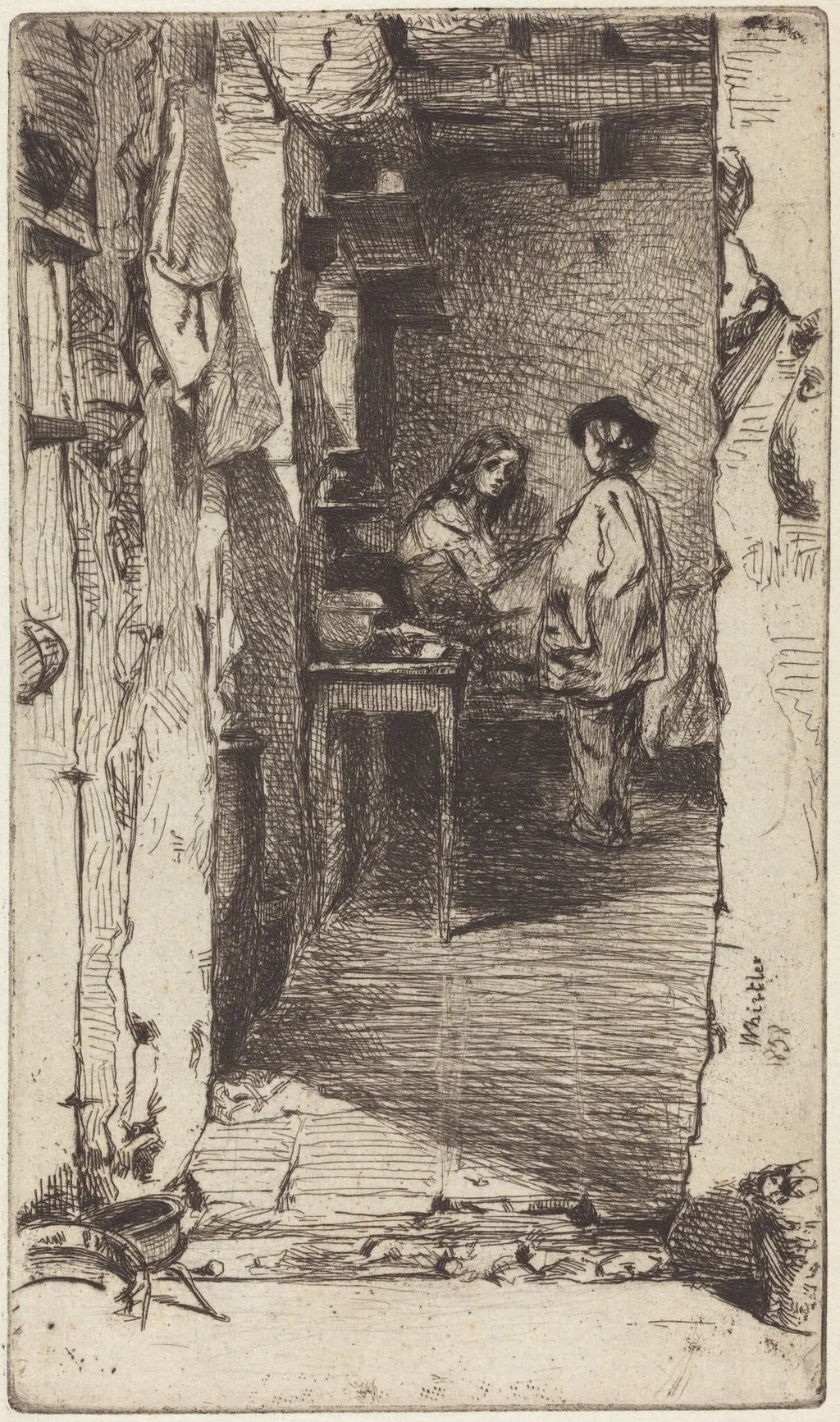 Rag Pickers, Quartier Mouffetard, Paris, by James McNeill Whistler, ink, 1858