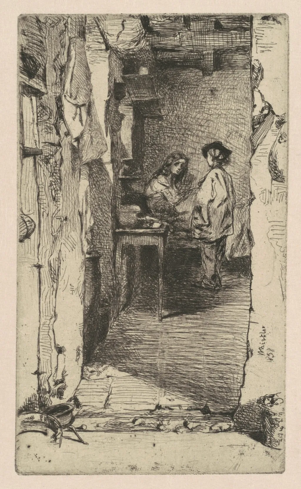 Rag Pickers, Quartier Mouffetard, Paris, by James McNeill Whistler, ink, 1858