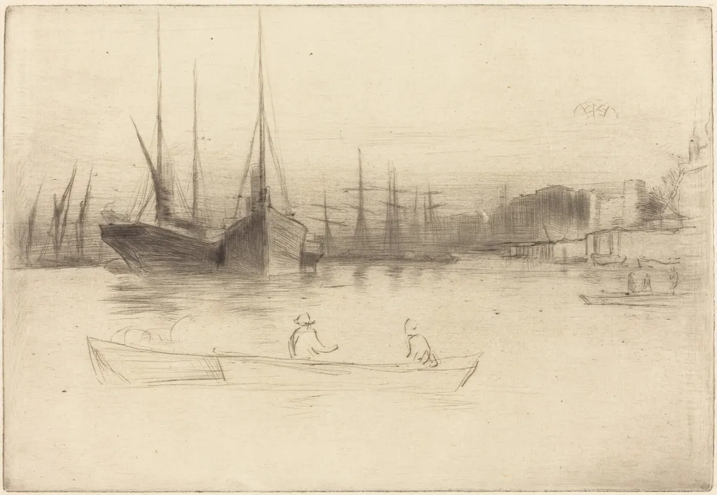 Steamboats off the Tower, by James McNeill Whistler, ink, 1875