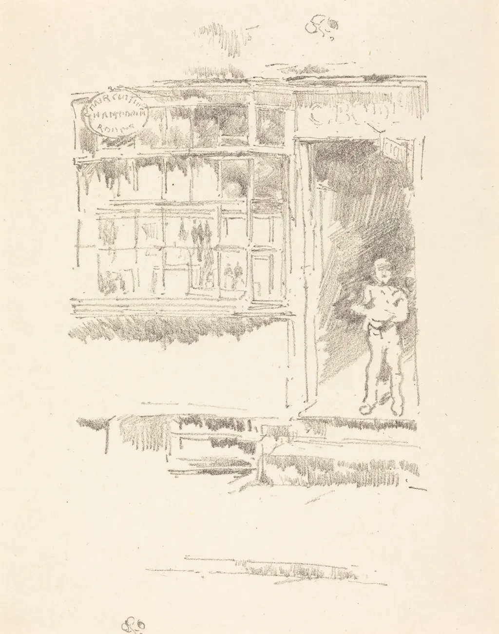 The Barber's Shop in the Mews, by James McNeill Whistler, ink, 1896