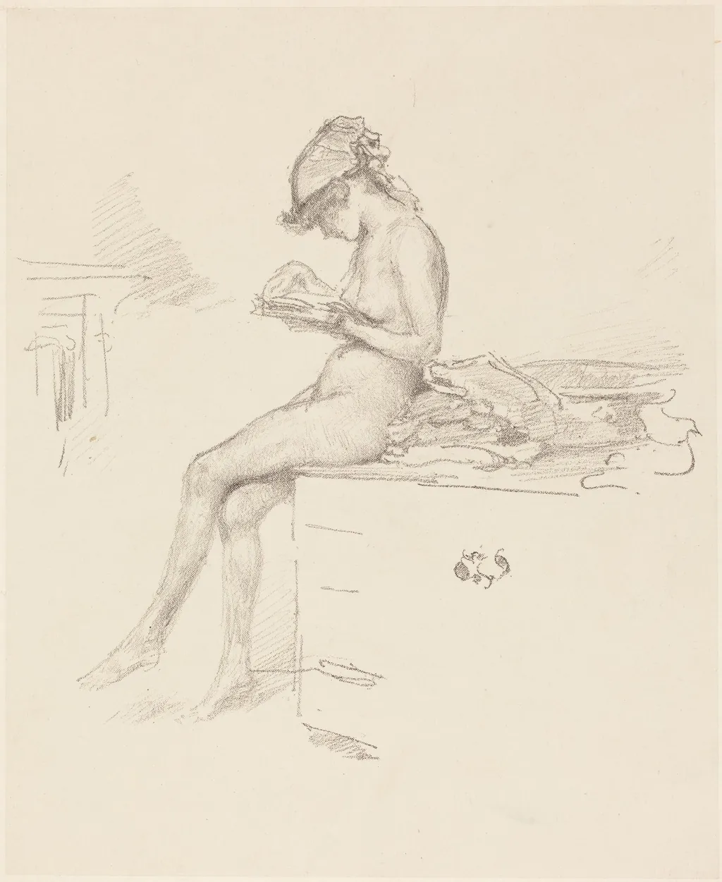 The Little Nude Model, Reading, by James McNeill Whistler, ink, 1890