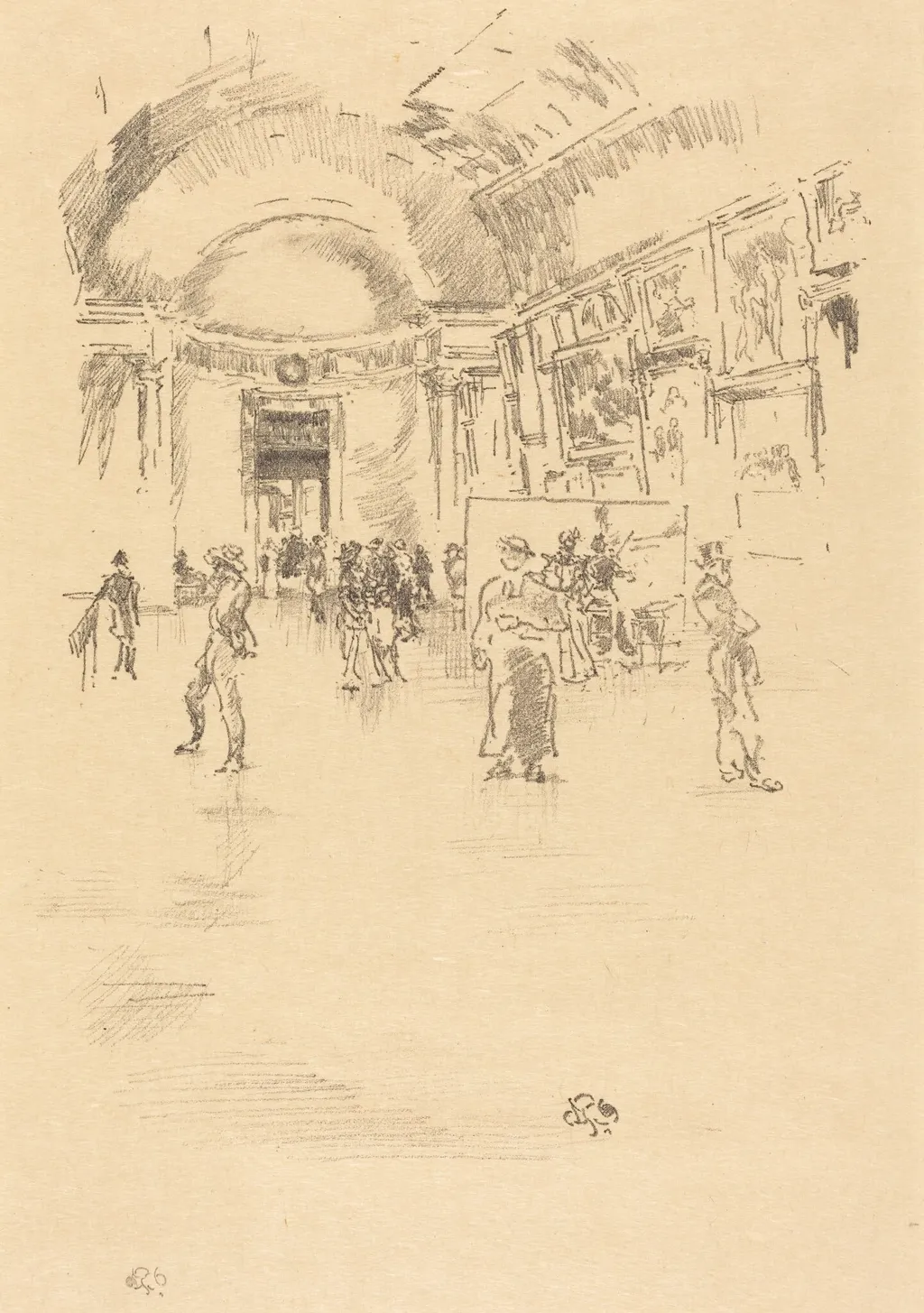 The Long Gallery, Louvre, by James McNeill Whistler, ink, 1894