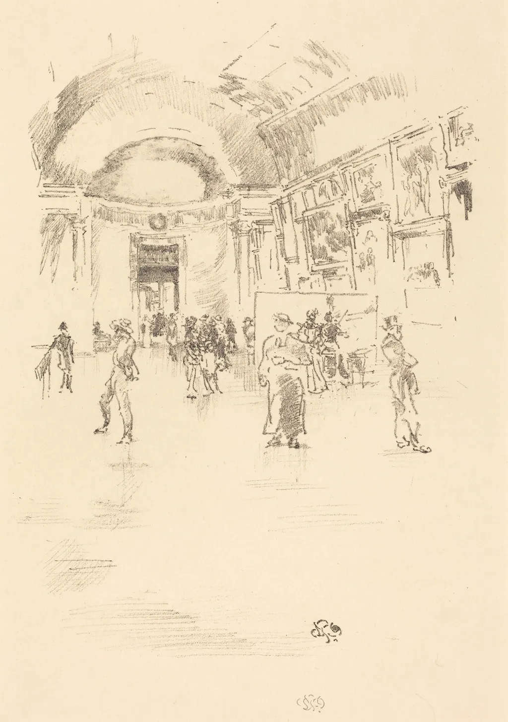The Long Gallery, Louvre, by James McNeill Whistler, ink, 1894