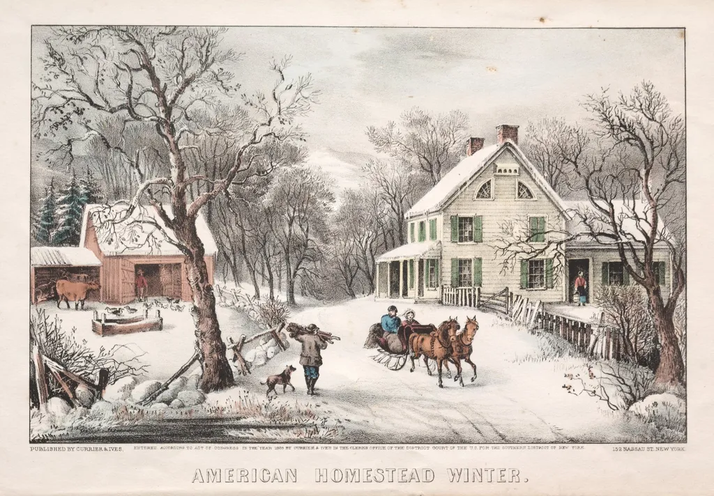 American Homestead, Winter, by James Merritt Ives, 1868