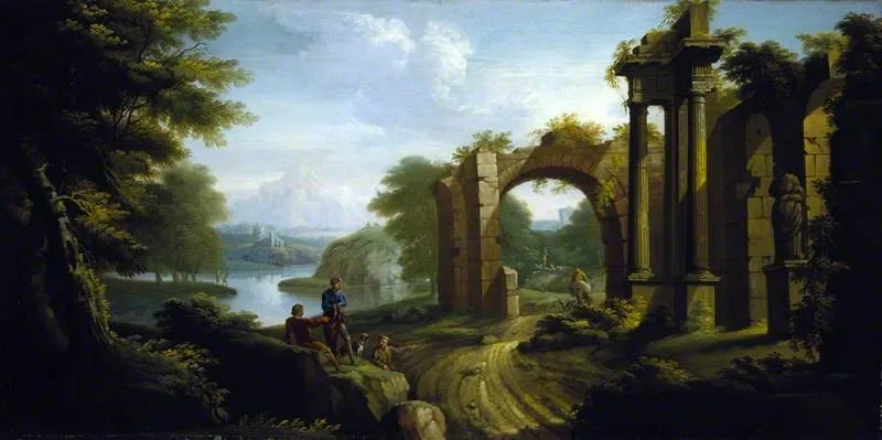 Classical Landscape with Architecture, by James Norie, oil, 1736