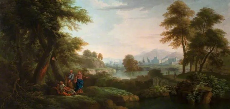 Classical Landscape with Trees and a Lake, by James Norie, oil, 1736