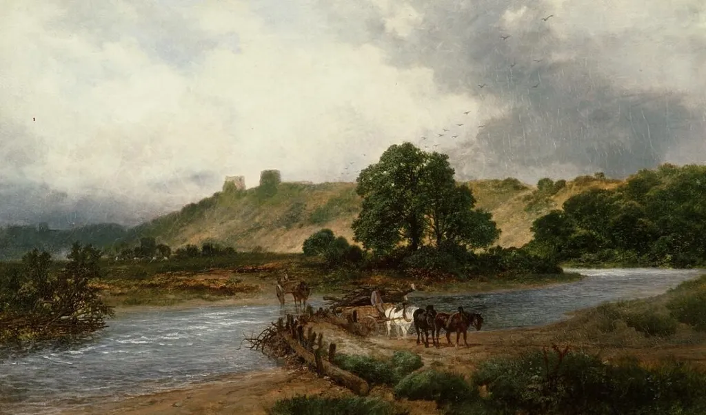 Hauling logs near Rhuddlan Castle, by James Peel, oil, 1870