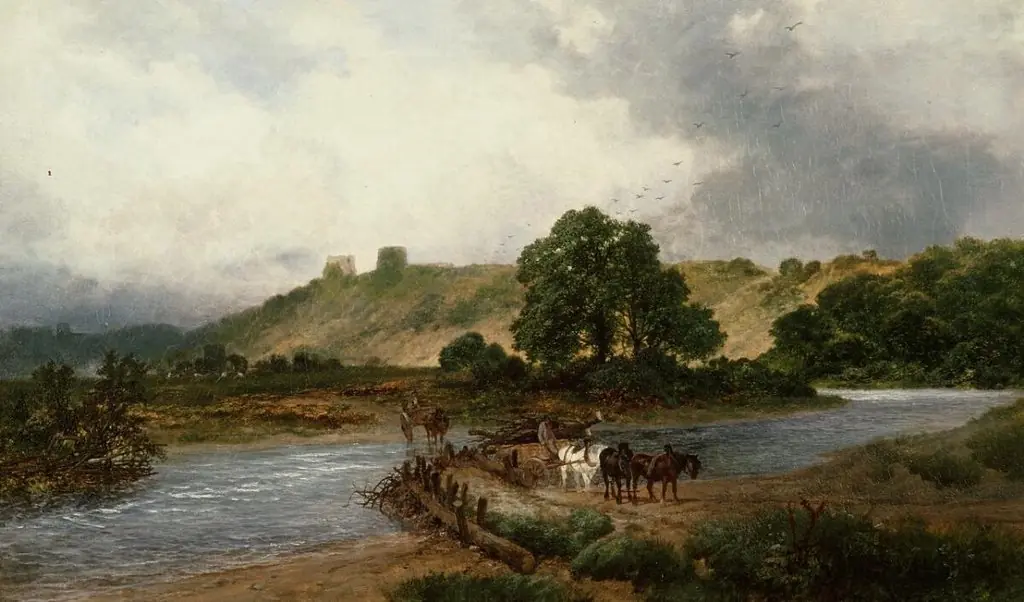 Hauling logs near Rhuddlan Castle, by James Peel