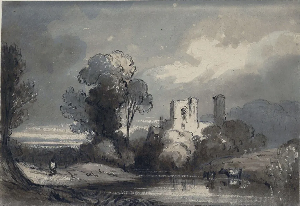 Landscape with Abbey by a Stream, by James Robertson, watercolor, 1850