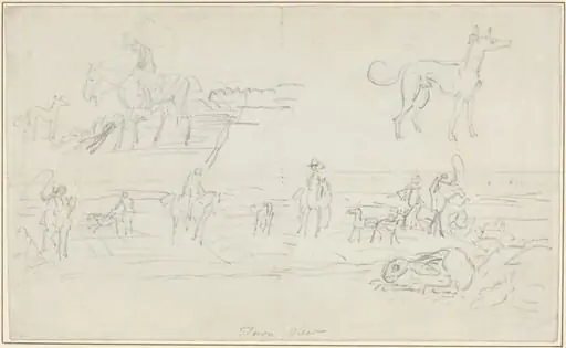 Huntsmen with Hounds and a Crouching Hare [recto], by James Seymour