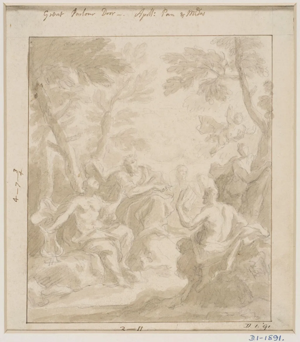 Design for an overdoor painting depicting Apollo, Pan and Midas, by James, Sir Thornhill, 1750