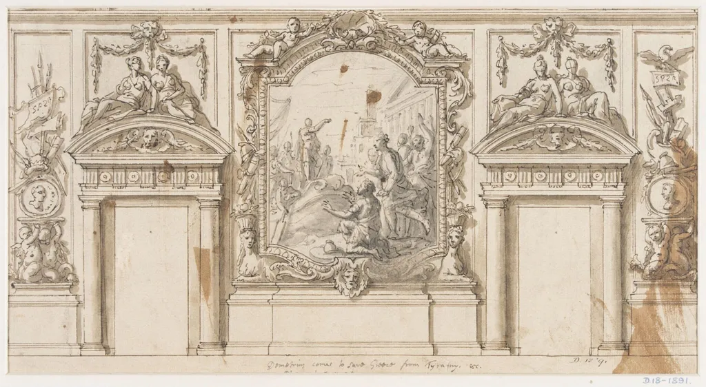 Early project design for the lower wall of the Great Hall at Moor Park, Hertfordshire, by James, Sir Thornhill, 1725