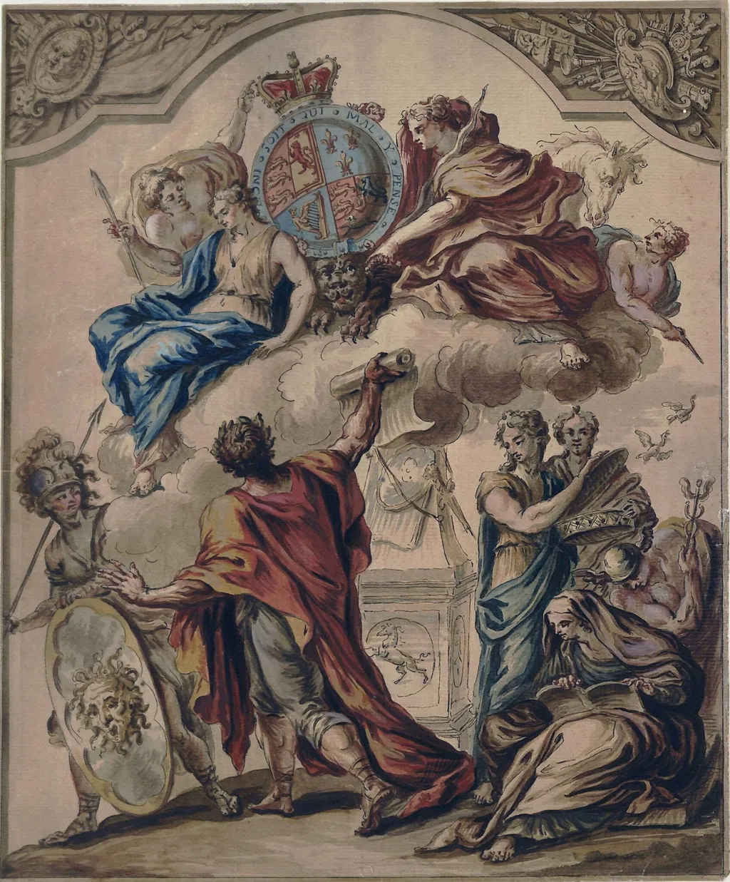Allegorical design with figures: Clemency, Prudence and Justice with Pallas, Heroic Poetry, Liberty, Discretion, History and Mercury (preliminary design for a panel from Royal State Coach for George I), by James Thornhill, watercolor