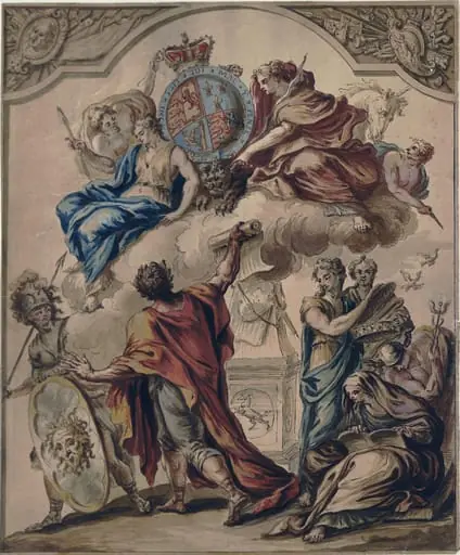 Allegorical design with figures: Clemency, Prudence and Justice with Pallas, Heroic Poetry, Liberty, Discretion, History and Mercury (preliminary design for a panel from Royal State Coach for George I), by James Thornhill