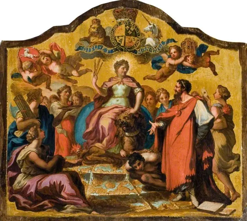Allegorical Figures: Britannia Enthroned, Surrounded by Concord, Learning and Religion Overcoming Vice (from the Royal State Coach for George I), by James Thornhill