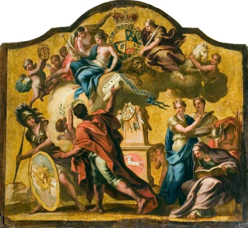 Allegorical Figures: Clemency, Prudence and Justice with Pallas, Heroic Poetry, Liberty, Discretion, History and Mercury (from the Royal State Coach for George I), by James Thornhill, unspecified, 1718