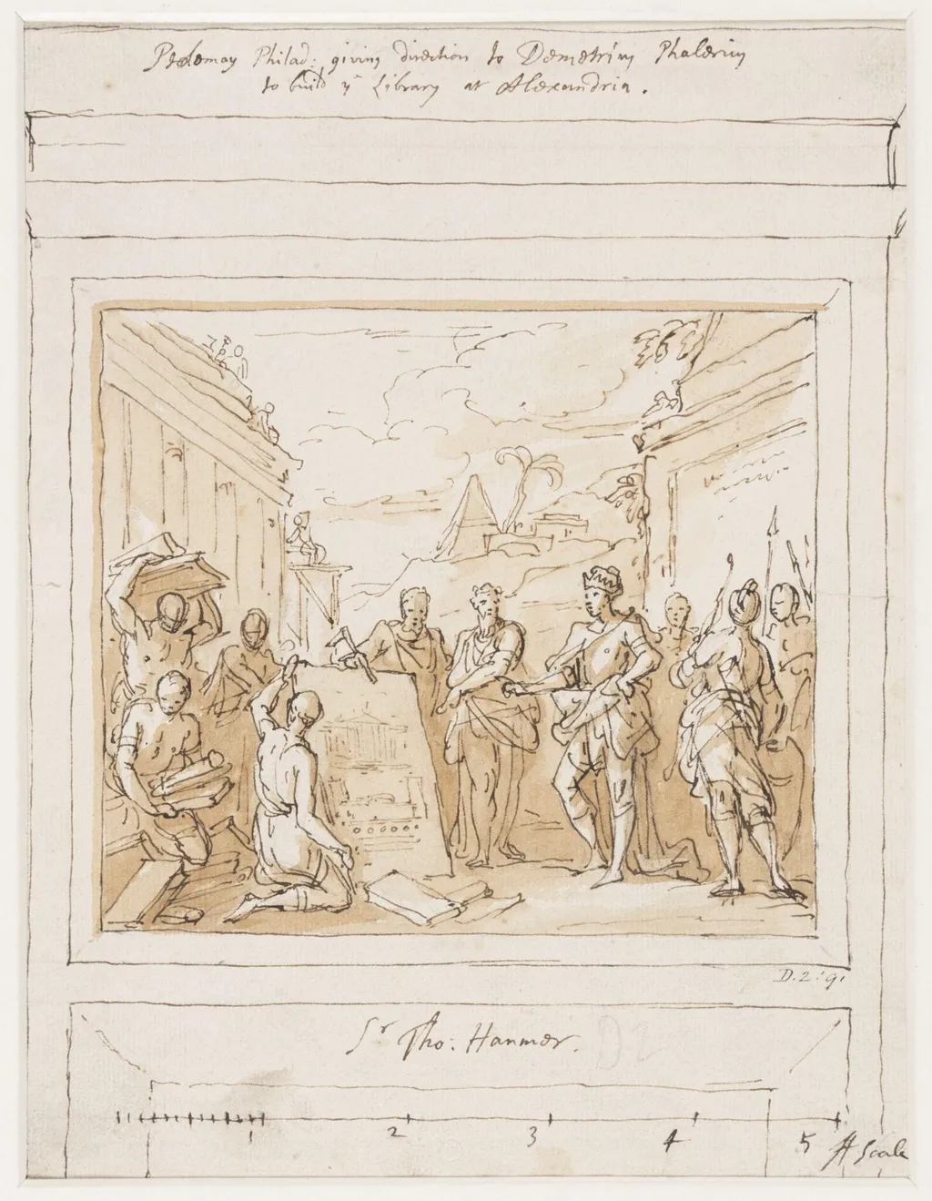 Design for a painting within an architectural setting depicting Ptolemy I commissioning the Library at Alexandria, by James Thornhill