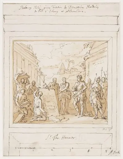 Design for a painting within an architectural setting depicting Ptolemy I commissioning the Library at Alexandria, by James Thornhill