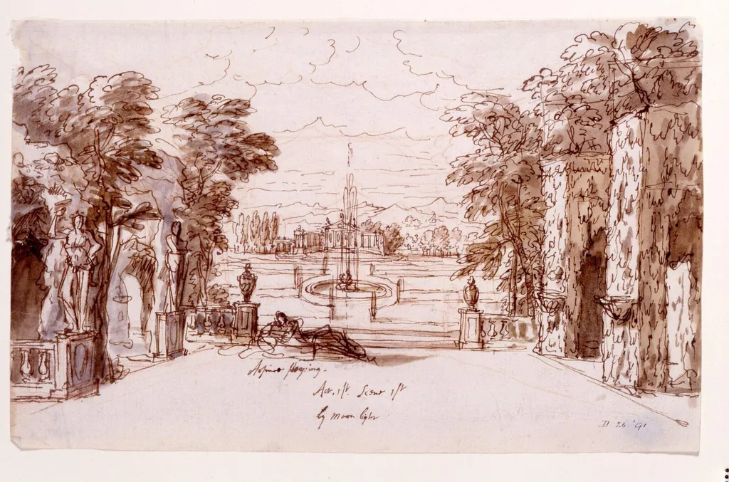Design for a stage set for Arsinoe, Queen of Cyprus at the Theatre Royal, London for Act I, scene 1, Arsinoe sleeping in a garden at night, by James Thornhill, 1705