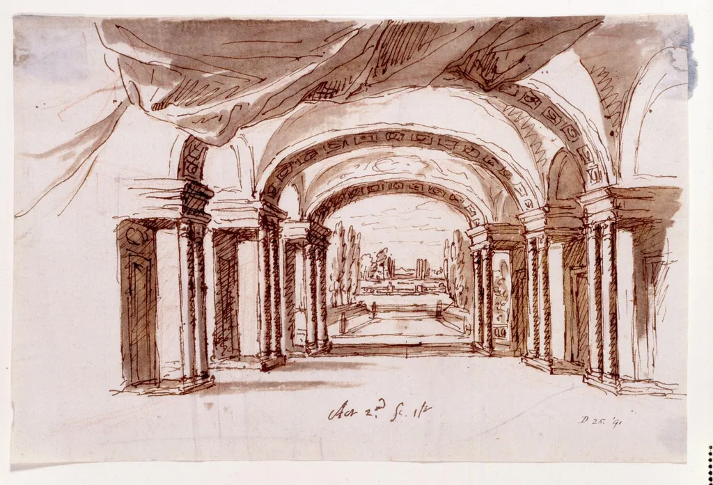 Drawing, Design for a stage set for Arsinoe, Queen of Cyprus at the Theatre Royal, London for Act II, scene 1, a great hall looking into a garden, by James Thornhill, 1705