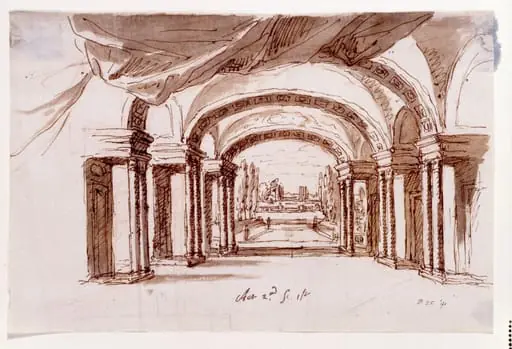 Drawing, Design for a stage set for Arsinoe, Queen of Cyprus at the Theatre Royal, London for Act II, scene 1, a great hall looking into a garden, by James Thornhill