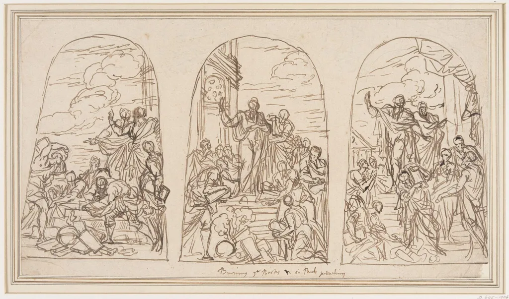 Three preparatory studies for the Burning of the Books at Ephesus, by James Thornhill, 1715