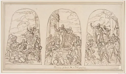 Three preparatory studies for the Burning of the Books at Ephesus, by James Thornhill