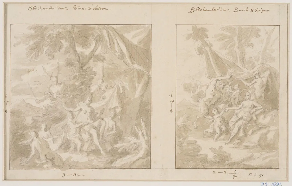 Two designs for overdoor paintings depicting Diana and Acteon (left) and Bacchus and Erigone (right), by James Thornhill