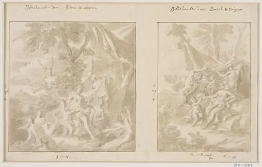 Two designs for overdoor paintings depicting Diana and Acteon (left) and Bacchus and Erigone (right), by James Thornhill