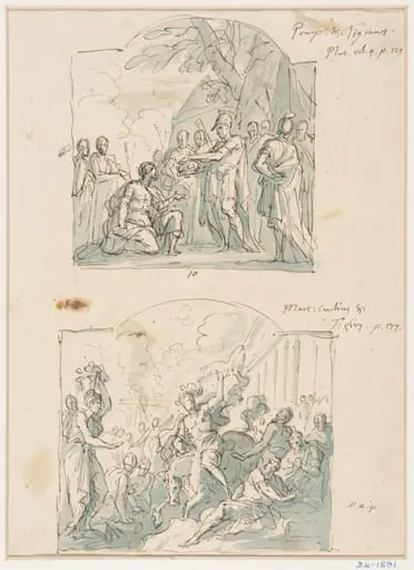 Two designs for the inset paintings in the lower wall of the Great Hall at Moor Park, Hertfordshire, by James Thornhill