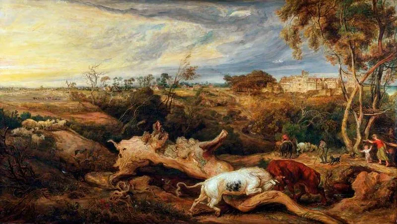 Bulls Fighting, with a View of Donatt's Castle, Glamorganshire, by James Ward, oil, 1819