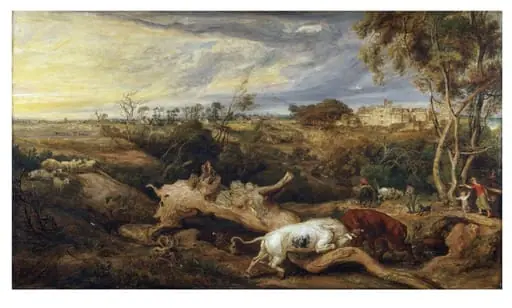 Bulls Fighting, with a View of Donatt's Castle, Glamorganshire, by James Ward