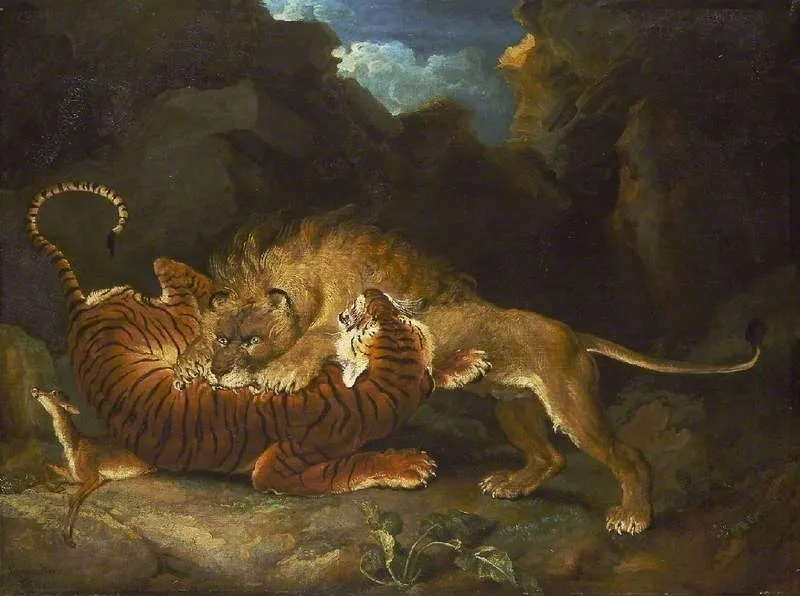 Fight between a lion and a tiger, by James Ward, oil, 1799