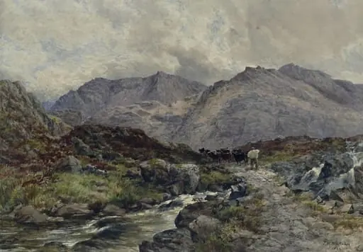 Mountain scene in North Wales with stream and cattle, by James William Whittaker