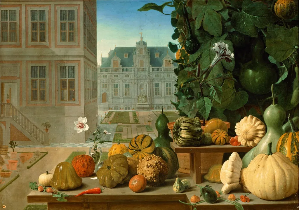 Still Life with Pumpkins, by Jan Anton van der Baren, oil, 1657