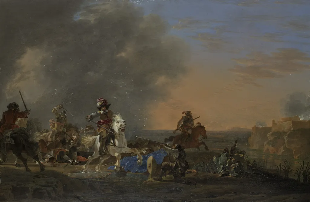 Cavalry attack at sunset, by Jan Asselijn, oil, 1646