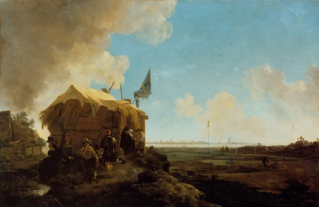 The restoration of the Diemerdijk or Muiderdijk near Amsterdam in 1651, by Jan Asselijn