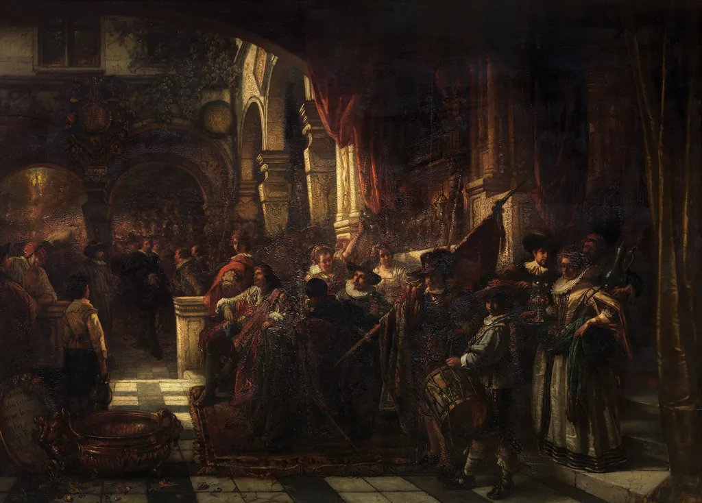 The Reception of Peter Paul Rubens by the Antwerp Arquebusiers, by Jan August Hendrik Leys, oil, 1851