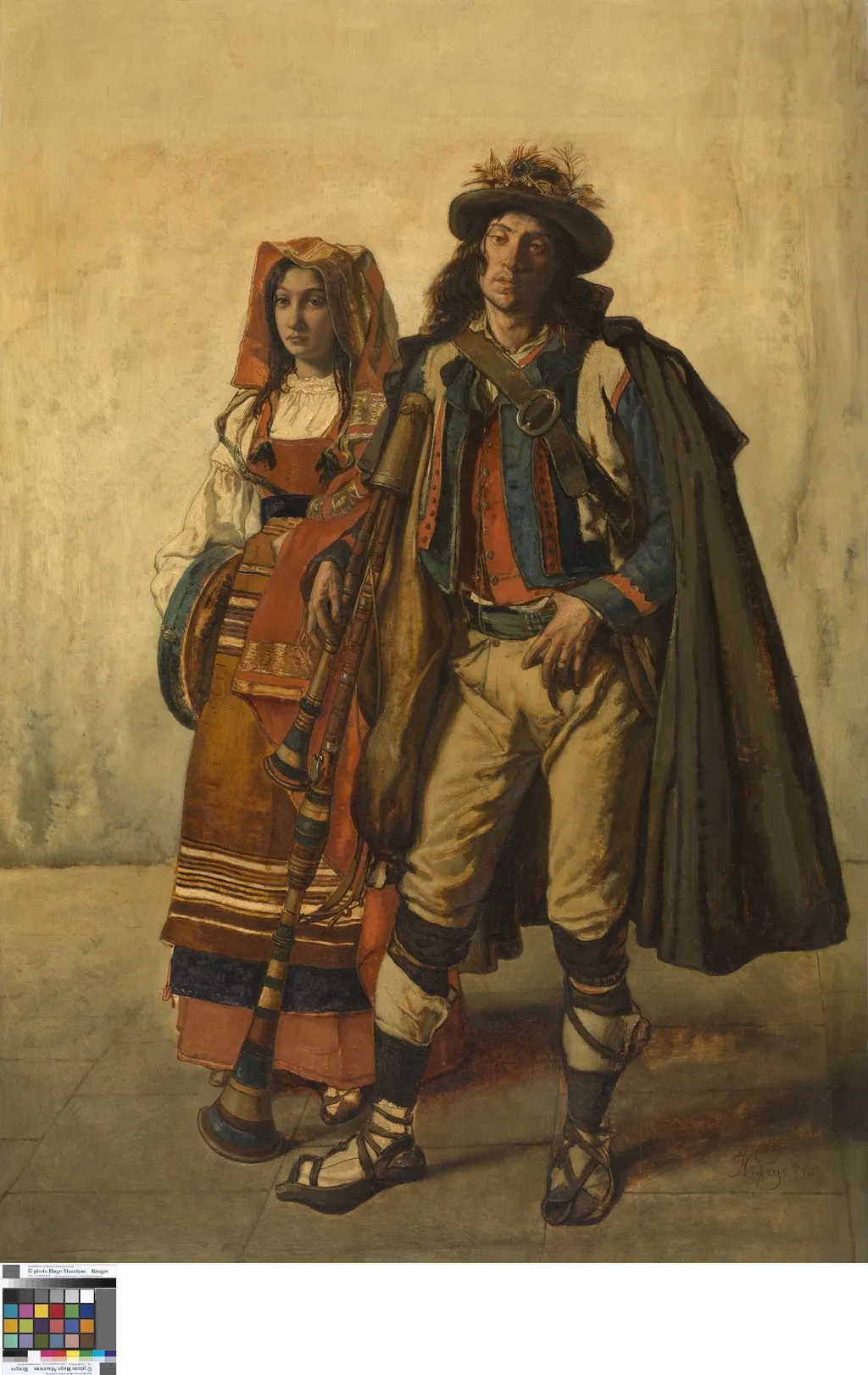 Zampogna player and his wife, by Jan August Hendrik Leys, oil, 1856