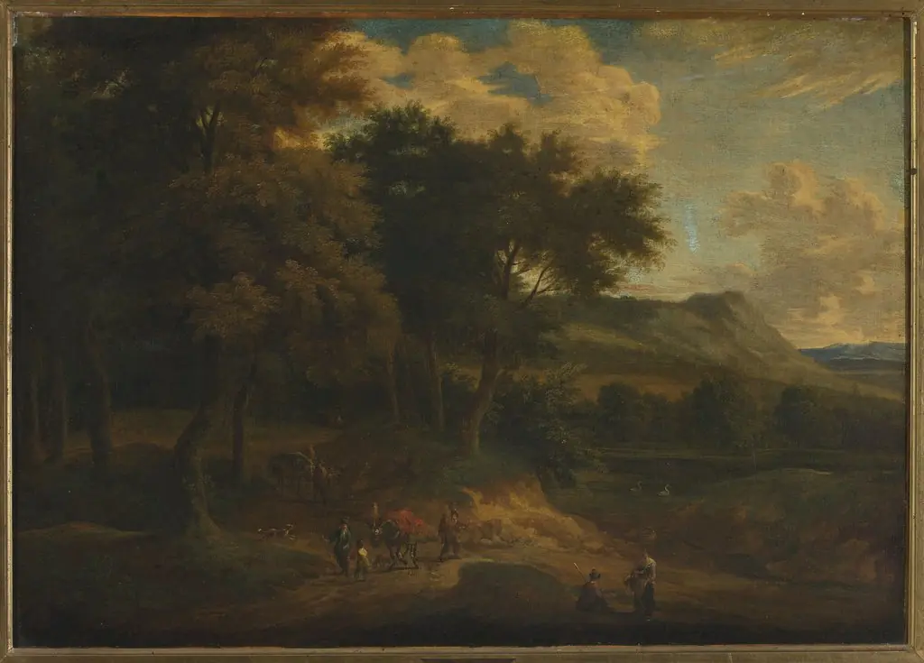 Landscape with staffage at sunset, by Jan Baptist Huysmans
