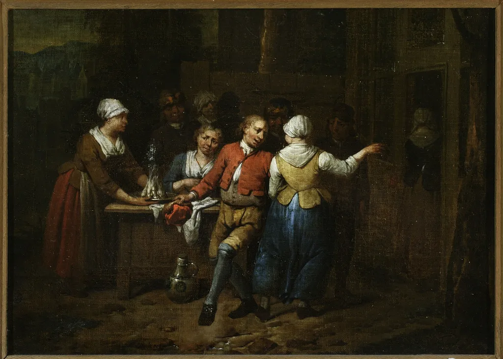 Dancing in front of a tavern, by Jan Baptist Lambrechts, oil, 1720