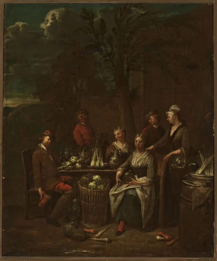 Scene by a stand with vegetables, by Jan Baptist Lambrechts