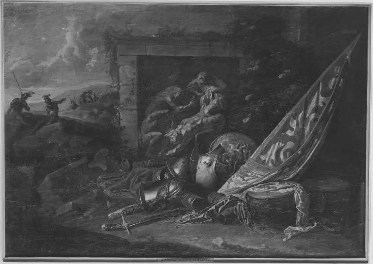 Still Life with weaponry and banner in a landscape, by Jan Baptist Tijssens the Younger