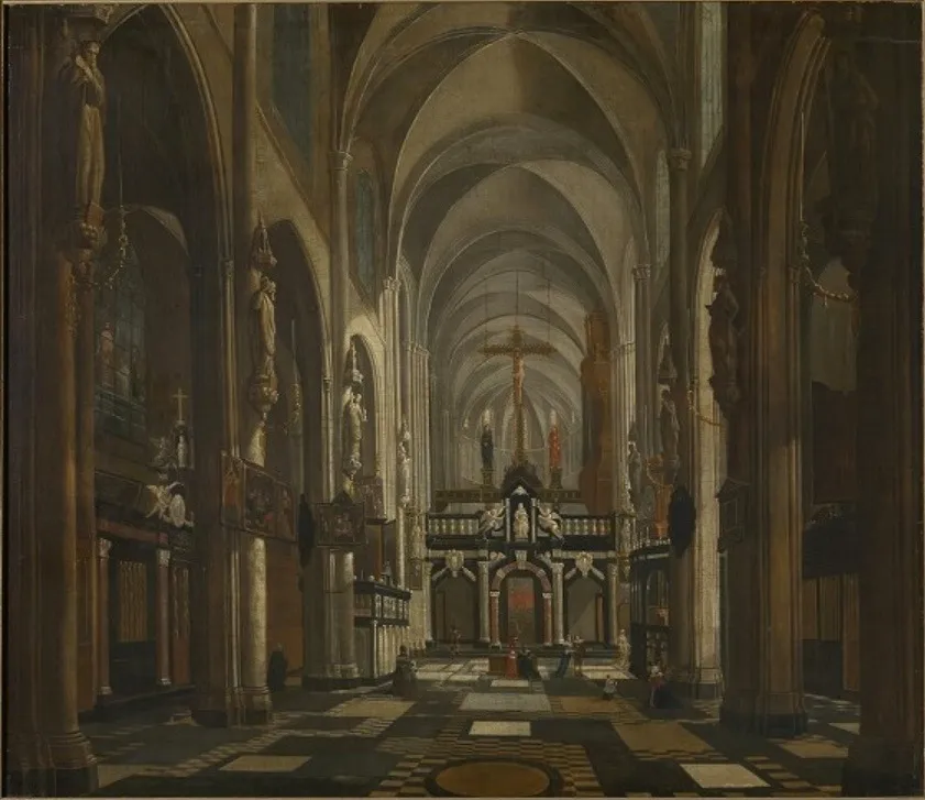 Interior of the former Saint Donatus Church in Bruges, by Jan Baptist van Meunincxhove, oil, 1698